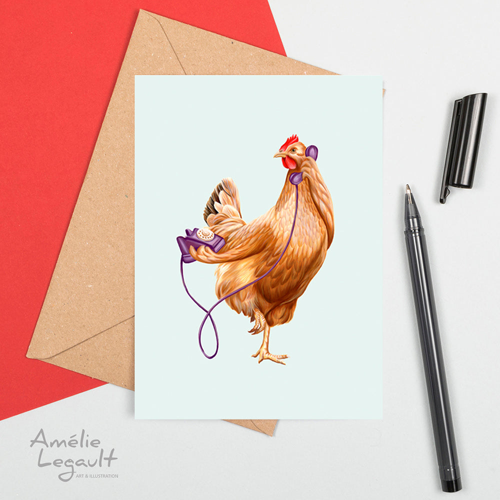 hen on the phone, hen illustration, greeting card, birthday card, hen card, chicken card, chicken on the phone, amelie legault, made in canada, canadian artist