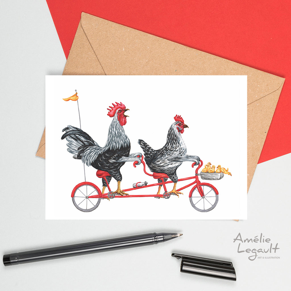 chicken card, chicken greeting card, chicken birthday card, hen, chicken on a bicycle, Amelie legault, poule, coq, poussin à vélo, bicyclette, carte de souhaits, carte de fête