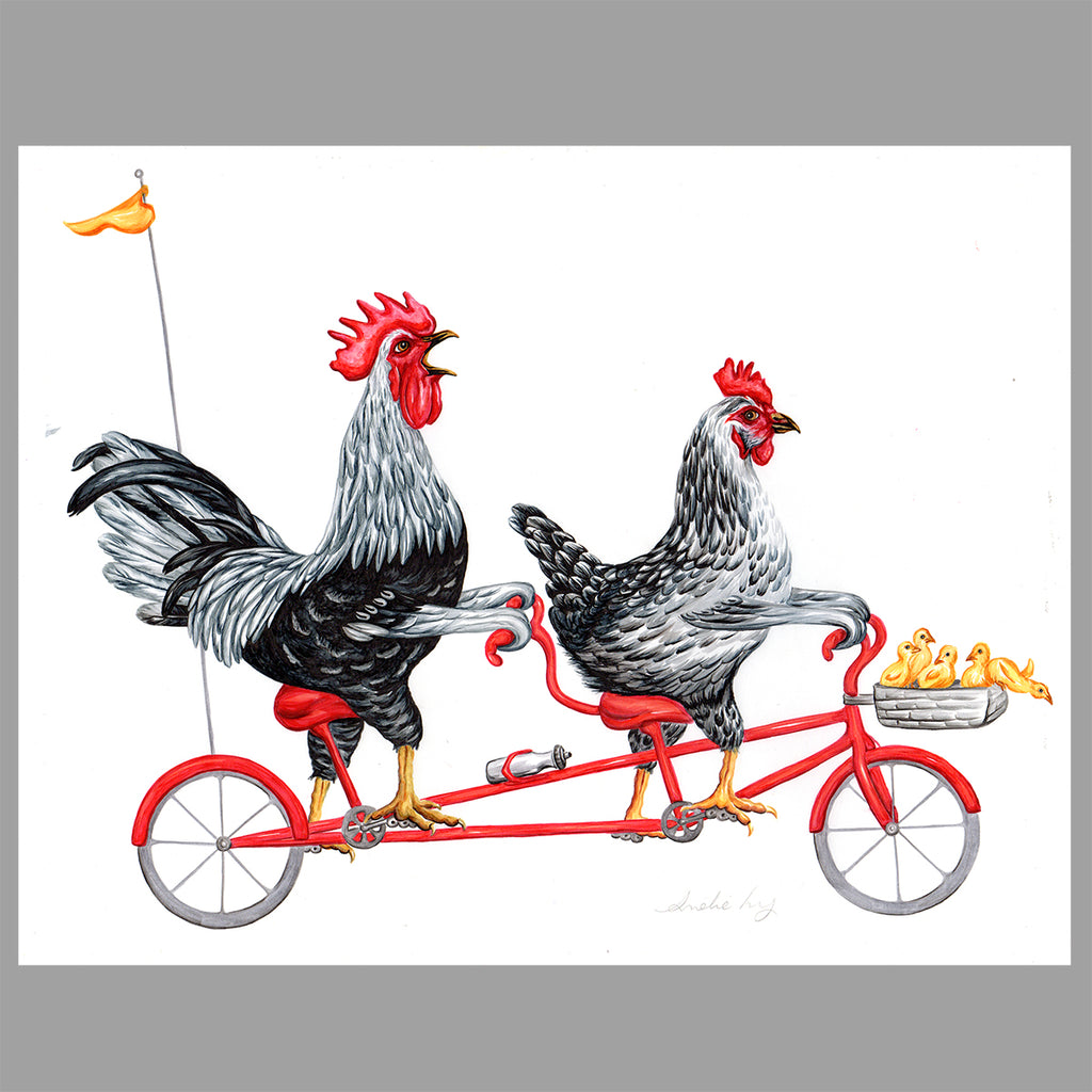 Chicken family, bike, illustration, Original artwork, Amelie Legault