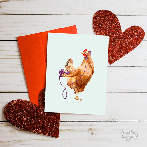 Valentine's day card, hello i love you, carte st-valentin, allo je t'aime, amélie legault, poule, chicken, hen, téléphone, phone