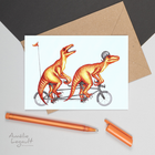 carte d'anniversaire, dinosaure, raptor, velocyraptor, amelie legault, vélo tandem, carte de vélo, carte de bicyclette