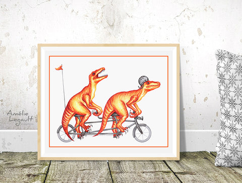 Raptor art print, dinosaur illustration, tandem bike, bicycle art, home decor, art print, amelie legault