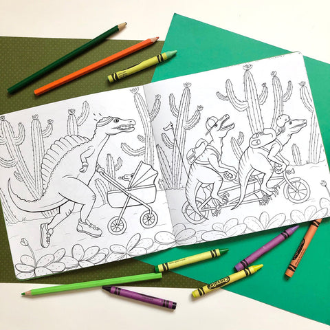 cahier à colorier de dinosaures par l'artiste autrice et illustratrice Amélie Legault, cahier à colorier pour enfants avec des dinosaures, fait au Québec