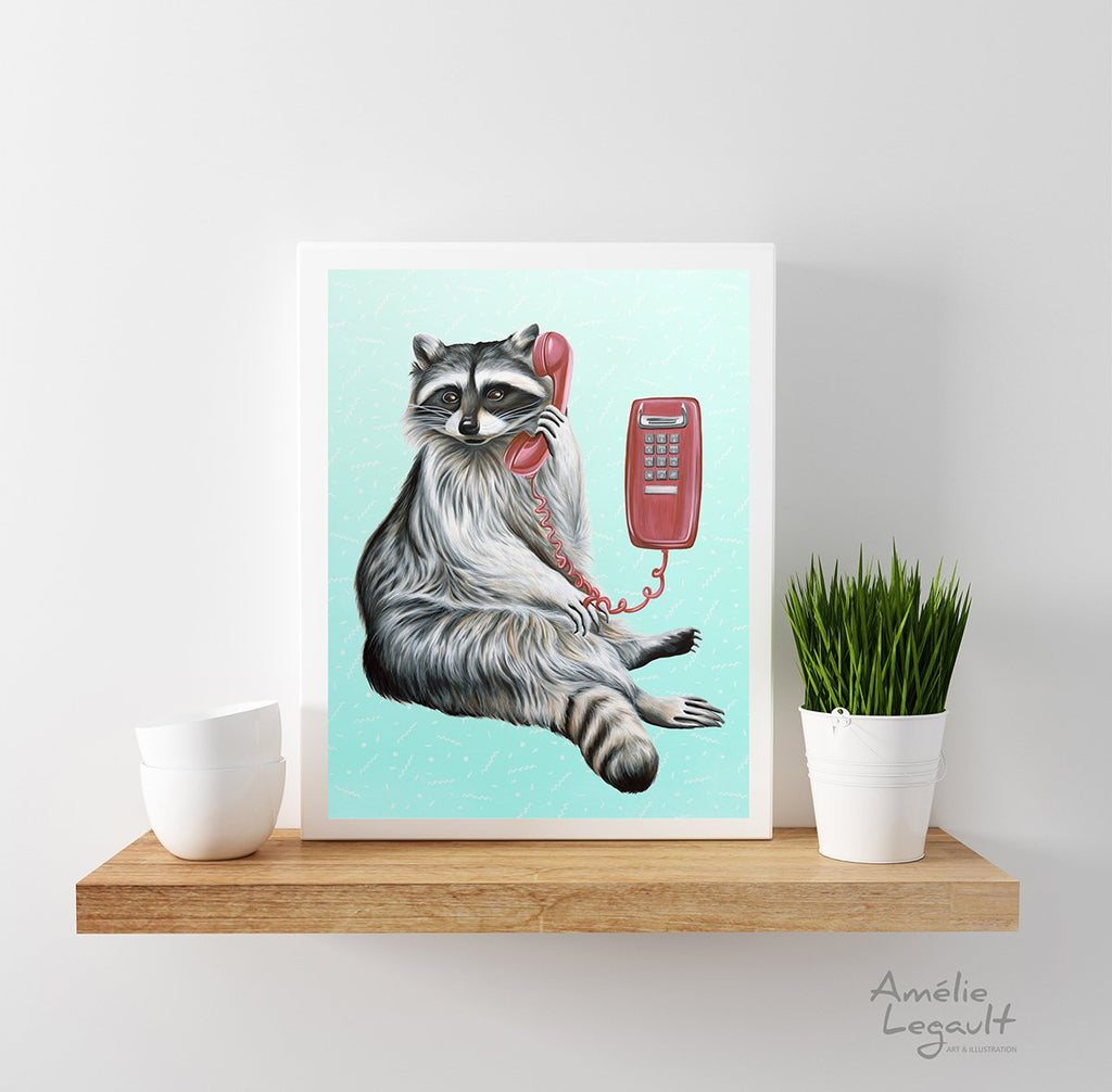 Raccoon illustration, raccoon art, raccoon painting, amelie legault, canadian animal, montreal animal, wall phone, 1980s phone, phone art