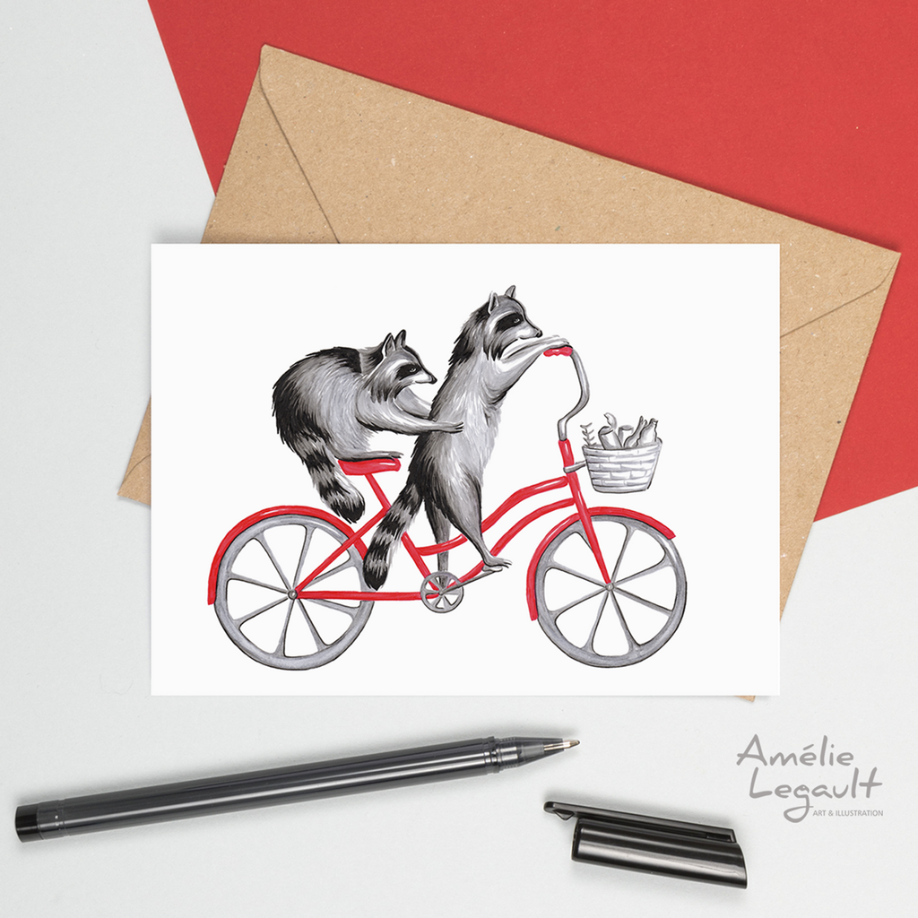 raccoon card, raton à vélo, carte de souhaits, cartes d'anniversaire, amélie legault, birthday card, greeting card 