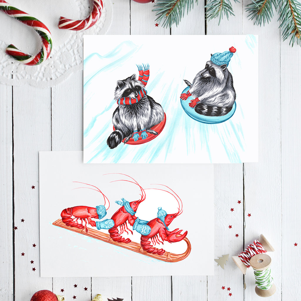 holiday card, raccoon card, lobster card, christmas card, winter sport, canadian animals