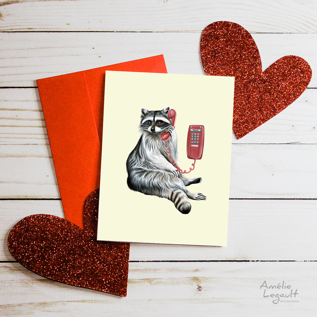 Valentine's day card, hello i love you, carte st-valentin, allo je t'aime, amélie legault, raton laveur, raccoon, téléphone, phone