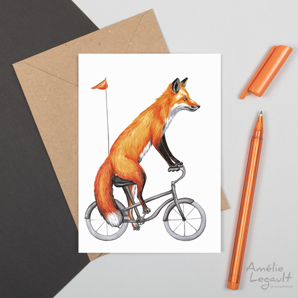 greeting card, fox illustration, fox riding a bike, amelie legault, canadian animal, canadian artist