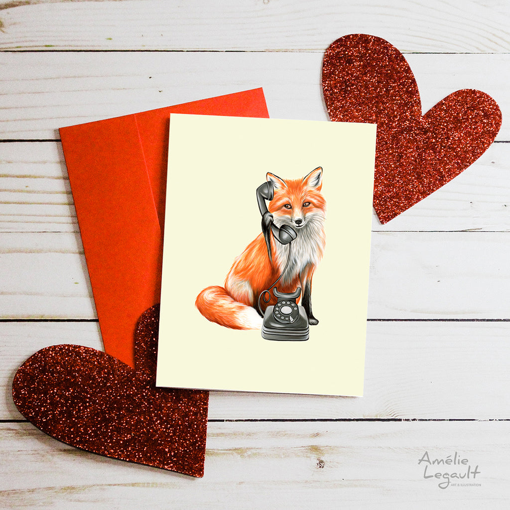 Valentine's day card, hello i love you, carte st-valentin, allo je t'aime, amélie legault, renard, fox, téléphone, phone