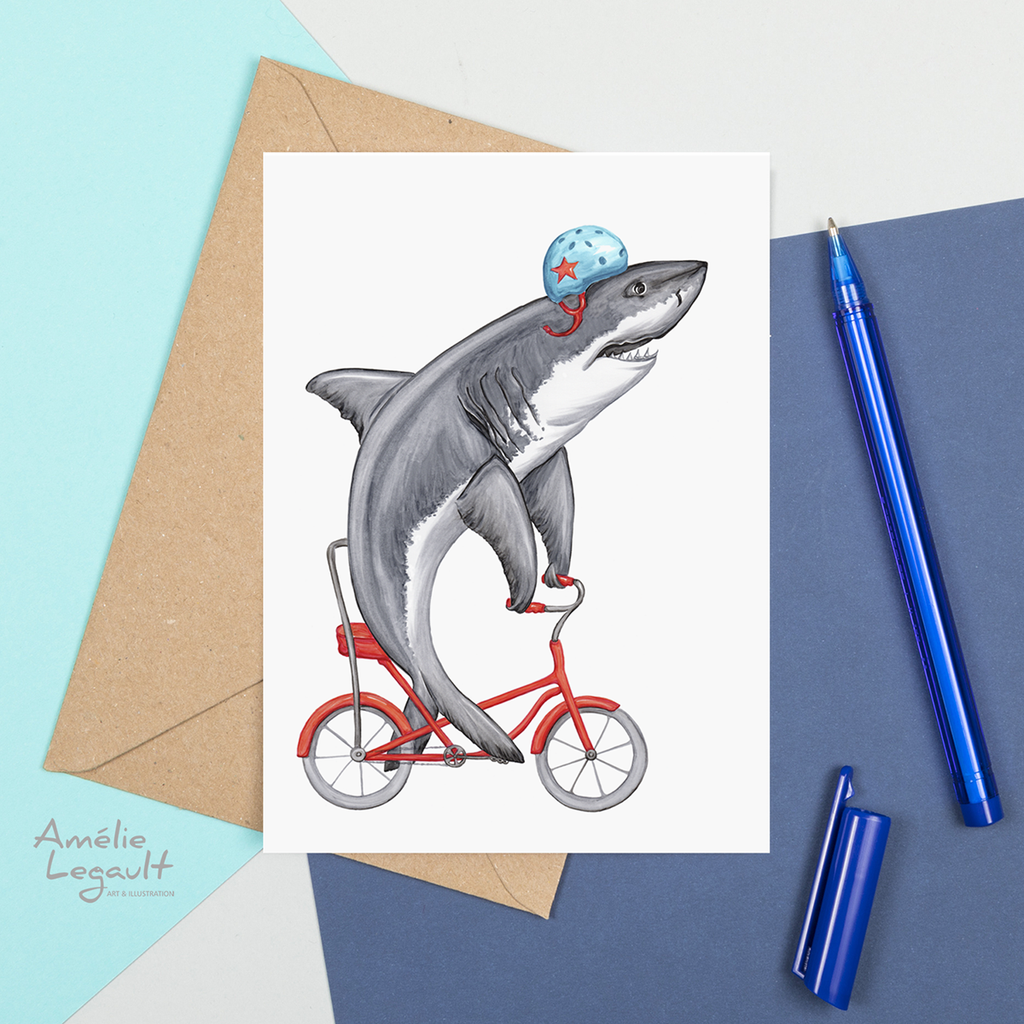 Requin, vélo, bicyclette, carte de vœux, carte d'anniversaire, amelie legault, requin à vélo, carte de vélo