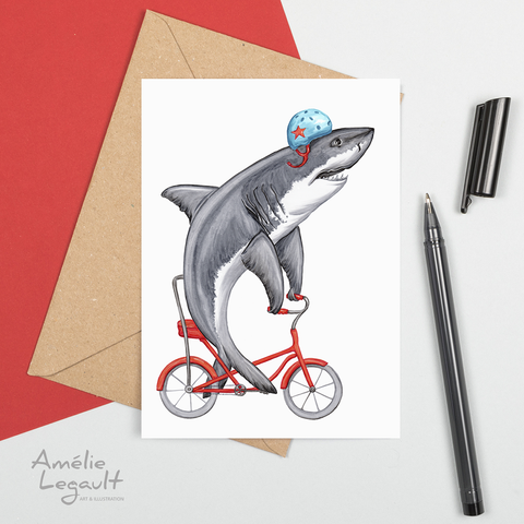 Shark, great white shark, bike, bicycle card, birthday card, amelie legault 