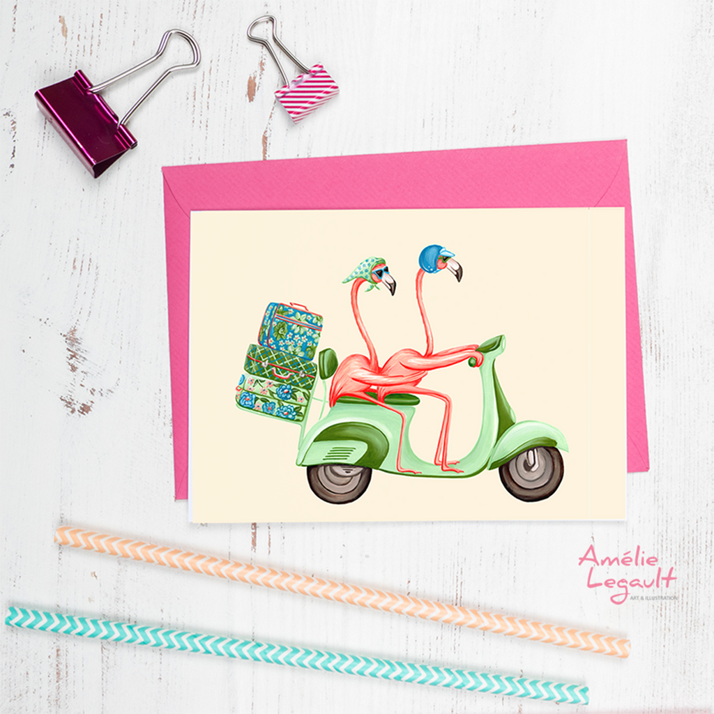 Pink flamingos, scooter, vespa, greeting card, valentine's day card, birthday card, wedding card, amelie legault