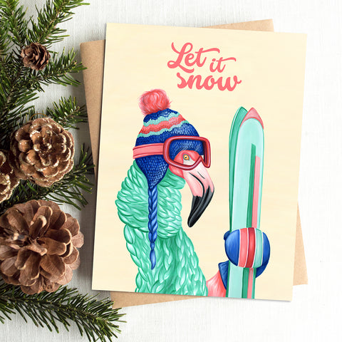 let it snow, holiday card, merry christmas card, skier, pink flamingo, amelie legault