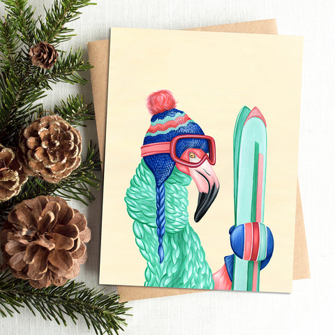 carte de noël de flamant rose skieur par Amélie Legault, carte de voeux de flamant, holiday card, pink flamingo skier christmas card by Amelie Legault, canadian artist
