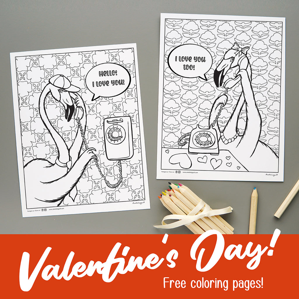 valentine's day, free coloring page, printable, amélie legault, pink flamingo, valentine's day coloring, colouring pages, i love you, hello i love you
