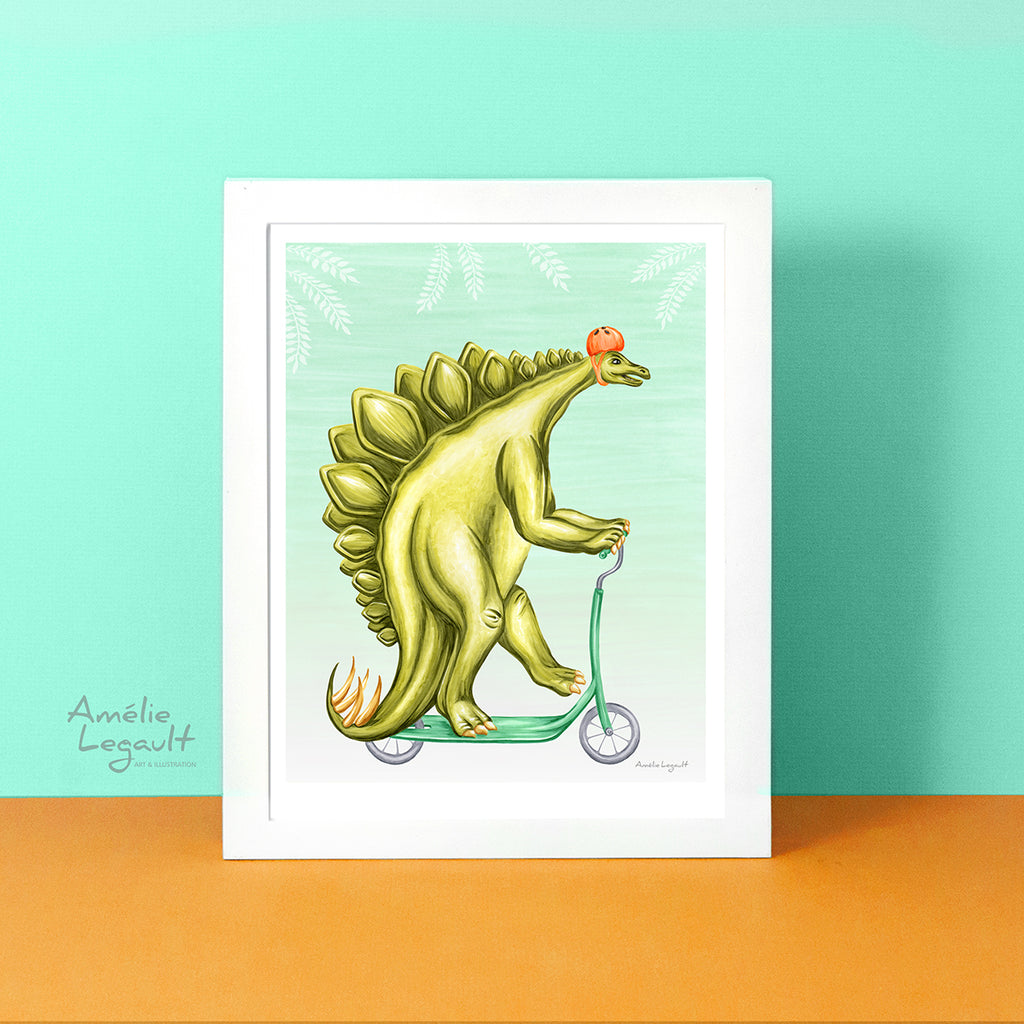 dinosaur art print, stegosaurus art work, tricycle, Amelie Legault, stegosaurus print