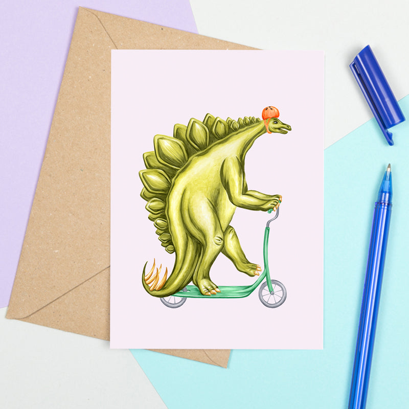 dinosaur birthday card, happy birthday stegosaurus cards, Amelie Legault, stegosaurus card 