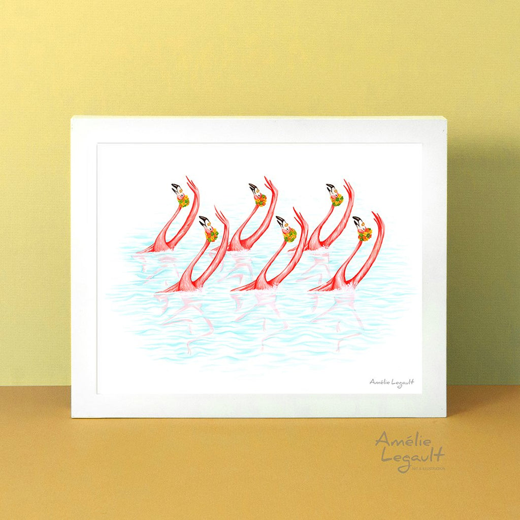 Pink flamingos, synchronized swimming, art Print, gouache painting, flamingo art, flamingo love, flamingo decor, flamingo illustration, amelie legault