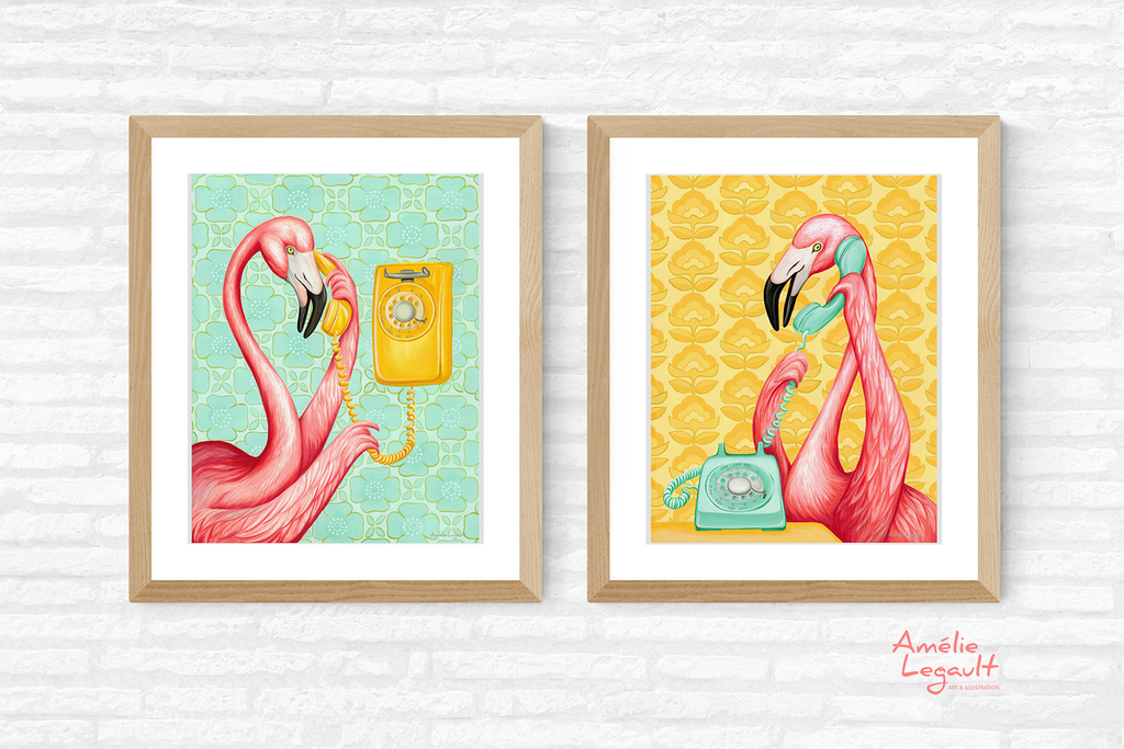 Pink flamingos, on the phone, art print set, gouache painting, amelie legault, flamingo art, flamingo love, flamingo decor, flamingo illustrations, vintage phone, retro phone