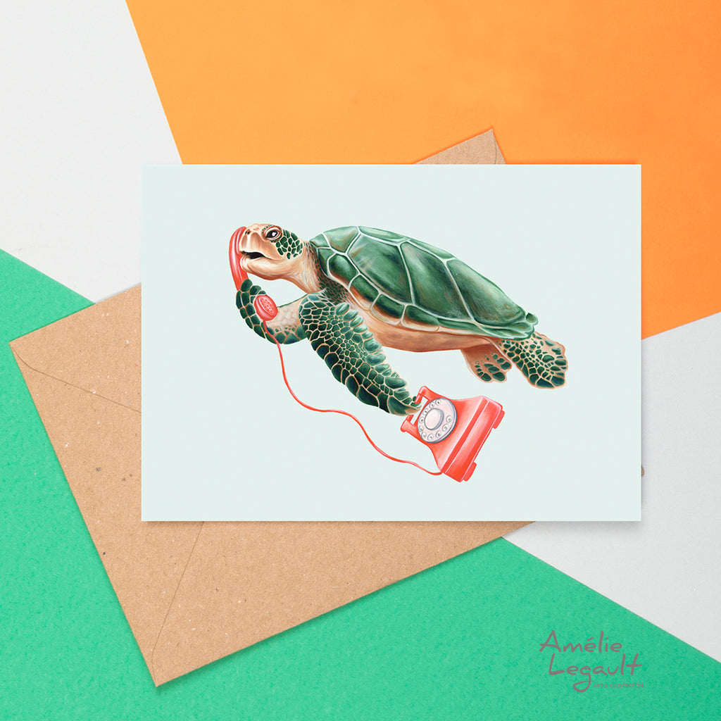 Turtle on the phone, i love you card, Amelie legault, greeting card, birthday card, vintage phone