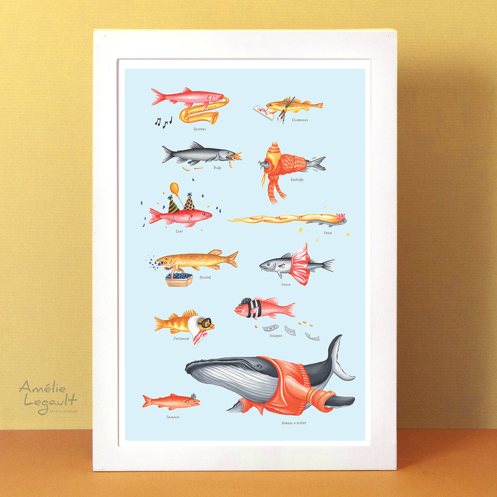 Illustration de tous les poissons de Simon le saumon, issue du livre pour enfants Simon le saumon par l'autrice et illustratrice Amélie Legault, publié aux Éditions Les Malins