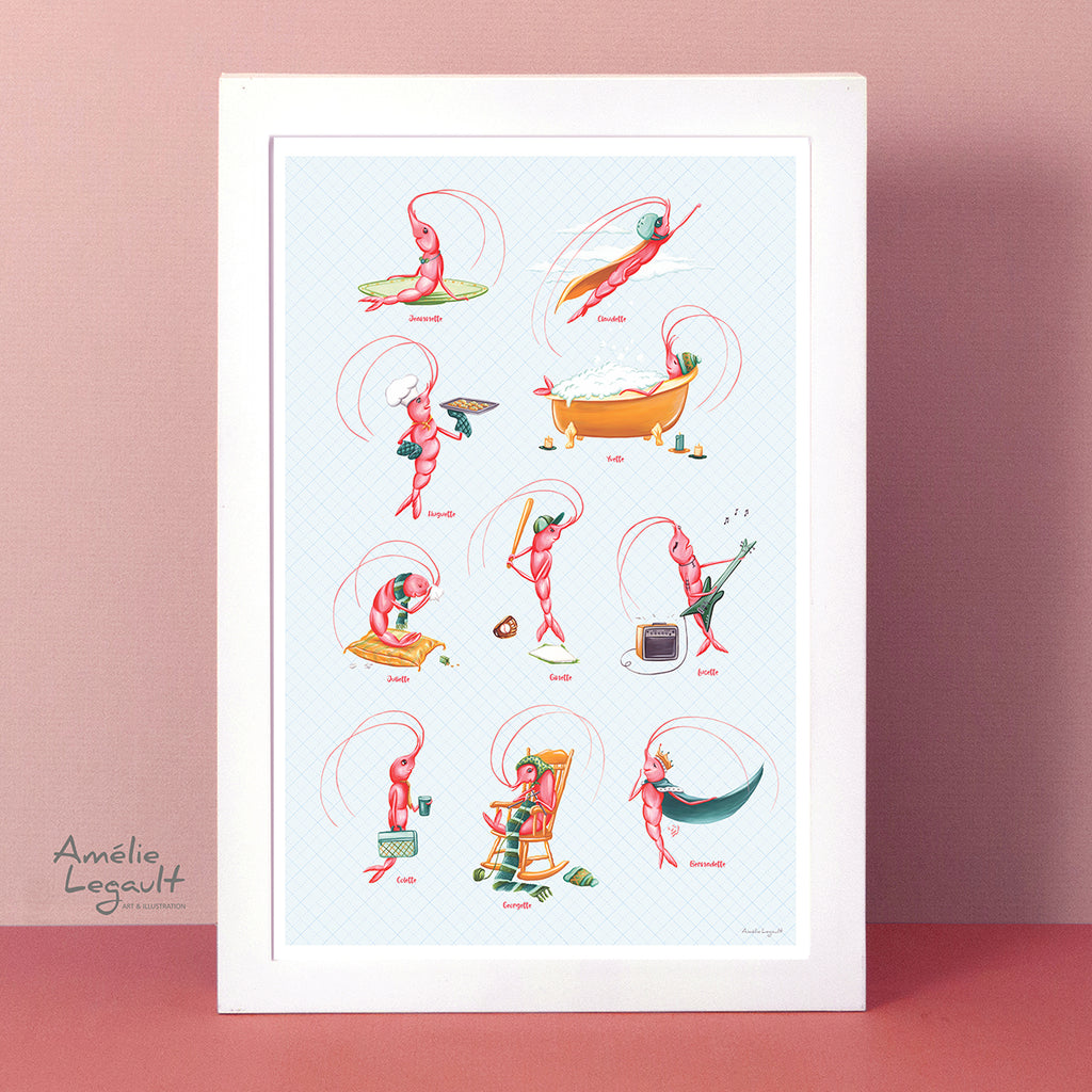 Illustration des crevettes, issue du livre pour enfants Jeannette la crevette par l'autrice et illustratrice Amélie Legault, publié aux Éditions Les Malins