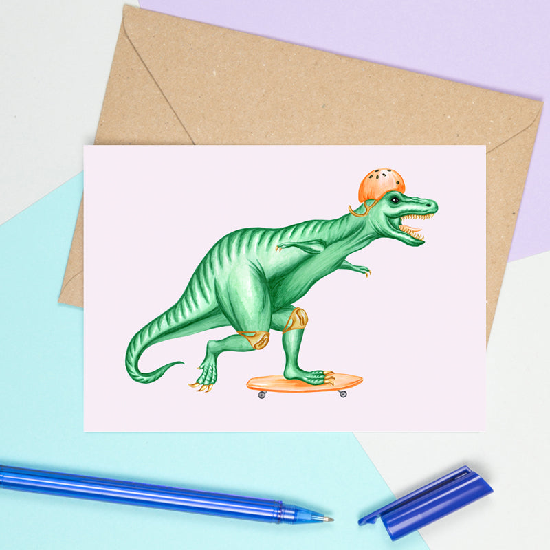 dinosaur birthday card, happy birthday t-rex card, skateboard, skateborading, Amelie Legault, tyrannosaurus card 