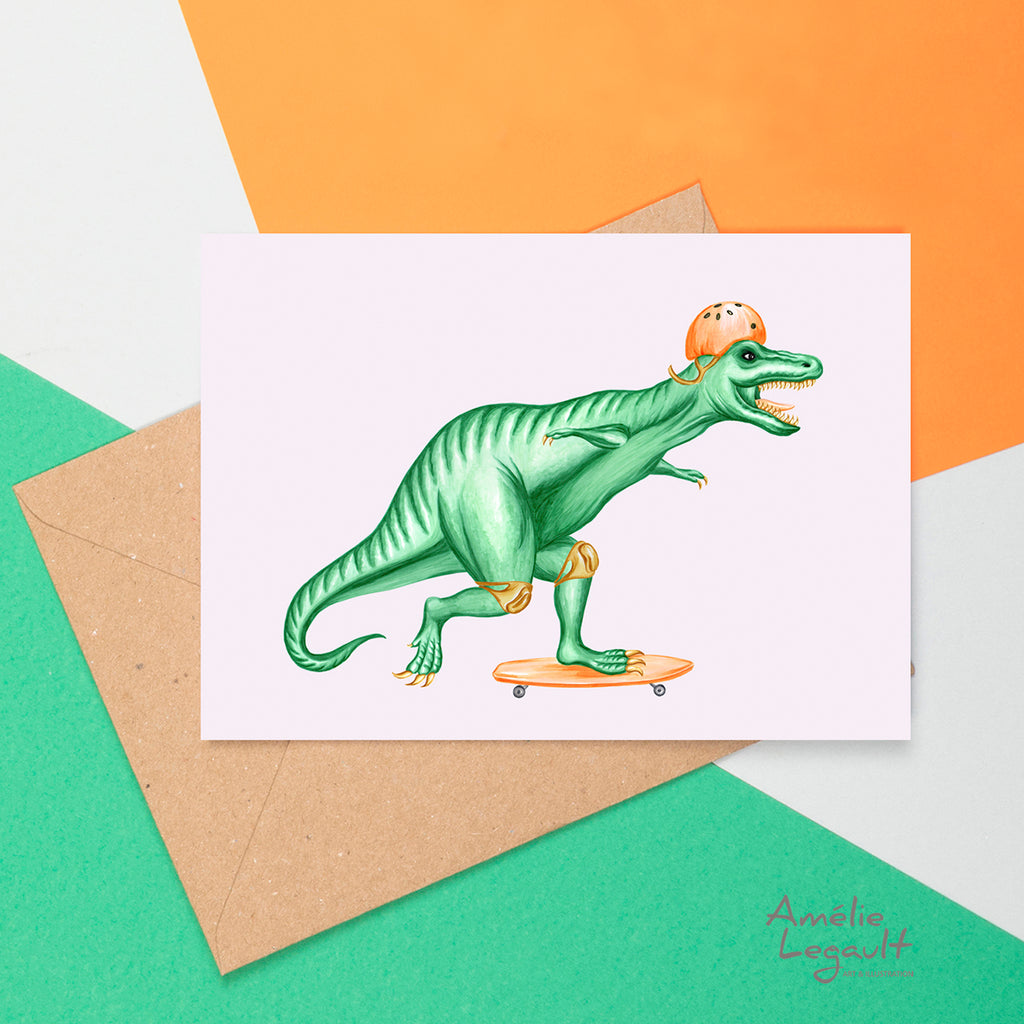 carte de souhaits de dinosaure, carte d'anniversaire de t-rex, carte de tyrannosaure, par Amélie Legault, carte de planche à roulettes