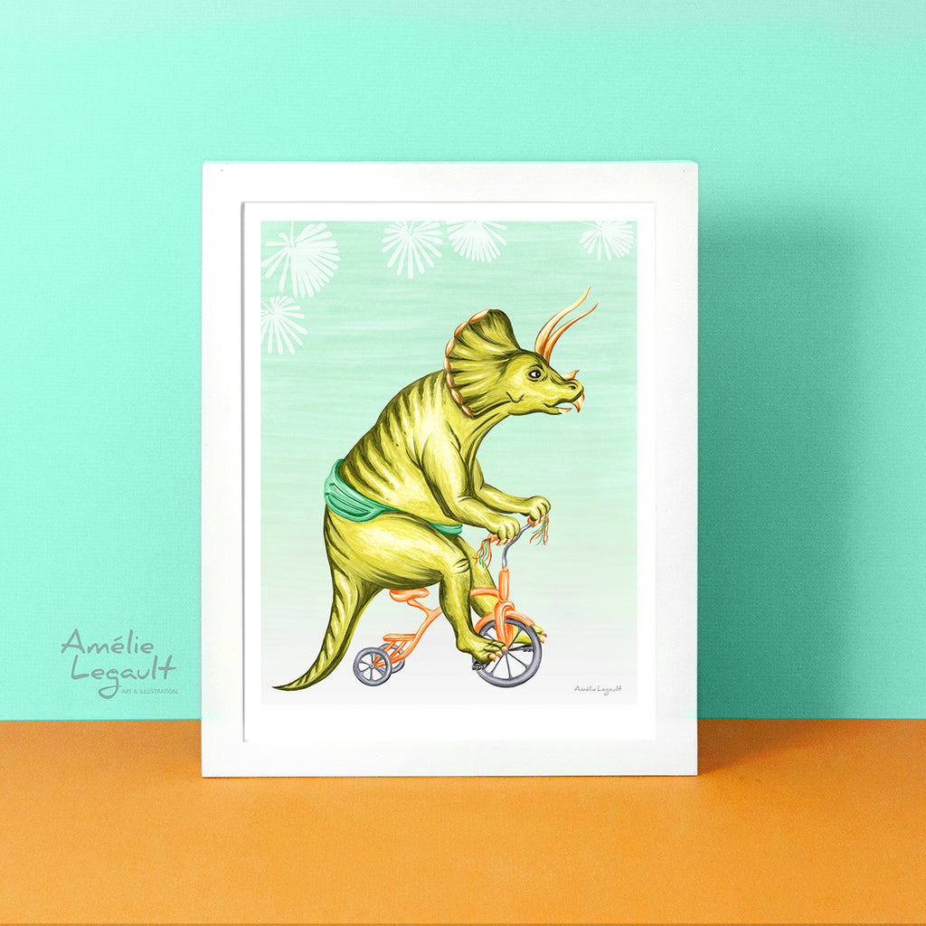 dinosaur art print, triceratops art work, tricycle, Amelie Legault, triceratops print