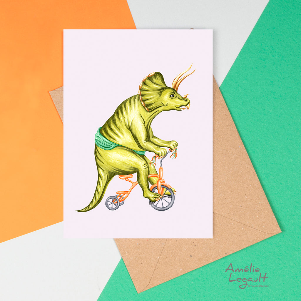 dinosaur birthday card, happy birthday triceratops cards, Amelie Legault, triceratops card 
