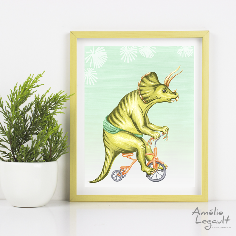 Triceratops print, Triceratop on tricycle, dinosaur art work, dinosaur drawing, amelie legault, tricycle
