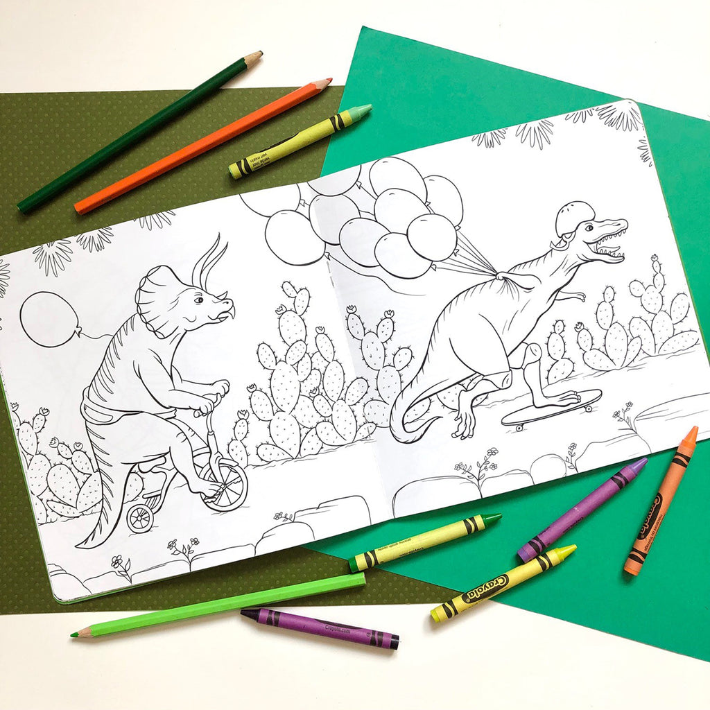  dinosaur coloring book by artist author and illustrator Amélie Legault, coloring book for children with dinosaurs, made in Canada, dinosaur cycling and skateboarding