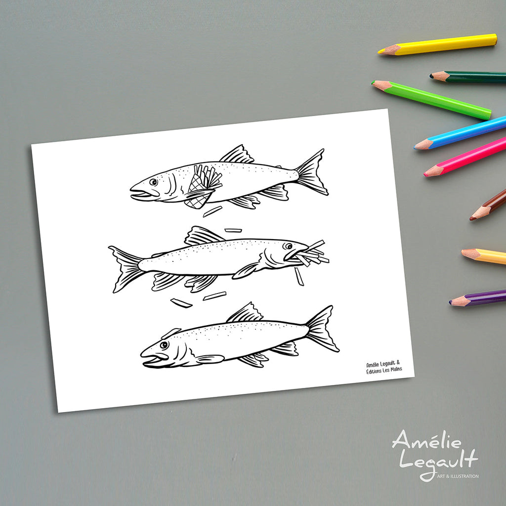 Coloriages gratuits de Simon le saumon, livre pour enfants par Amélie Legault aux Éditions Les Malins