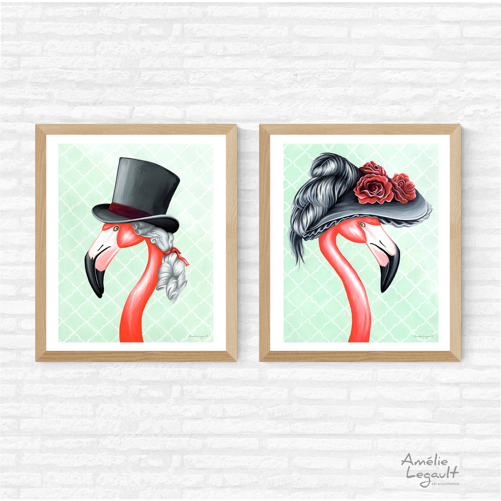 flamant rose, illustration de flamant rose, décoration de flamant rose, affiche, amelie legault, victorien, époque victorienne, style victorien, mode victorienne