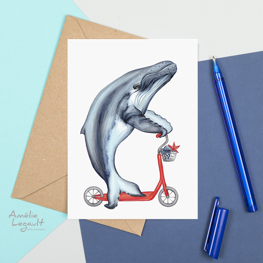 Baleine en trottinette, carte de souhaits