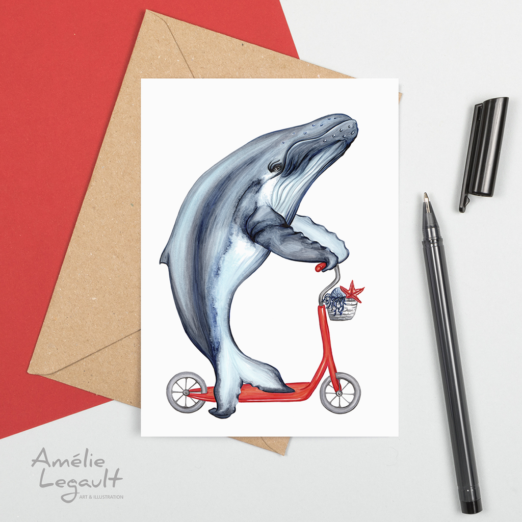 Whale on scooter, card