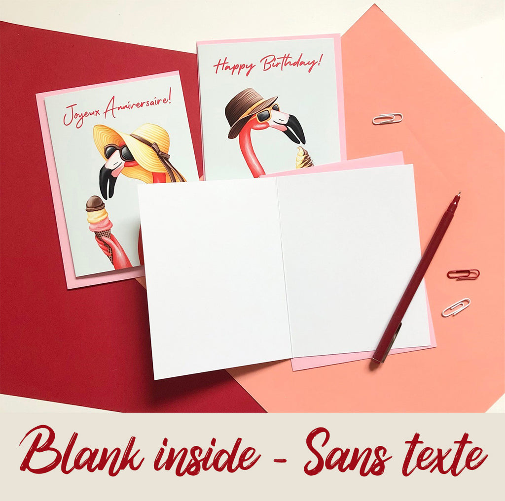 cartes de souhaits Amélie Legault, flamant rose, greeting card, pink flamingo