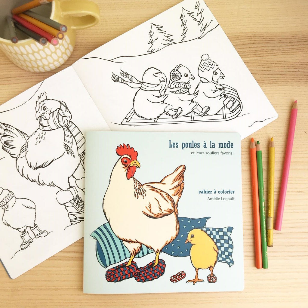 cahier à colorier, illustration de poule, amélie legault, coloriage pour enfants, cadeau de pâques, poussin, dessin de poule, fait au québec, illustratrice québécoise