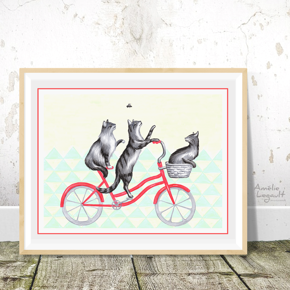 Cats illustration, cat print, cat drawing, cats on a bike, amelie legault, bicycle art print, bicycle love, cat lover 