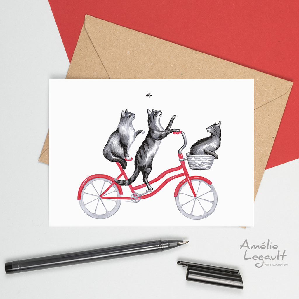 Cats on a bike, greeting card, birthday card, amélie legault, cat illustration