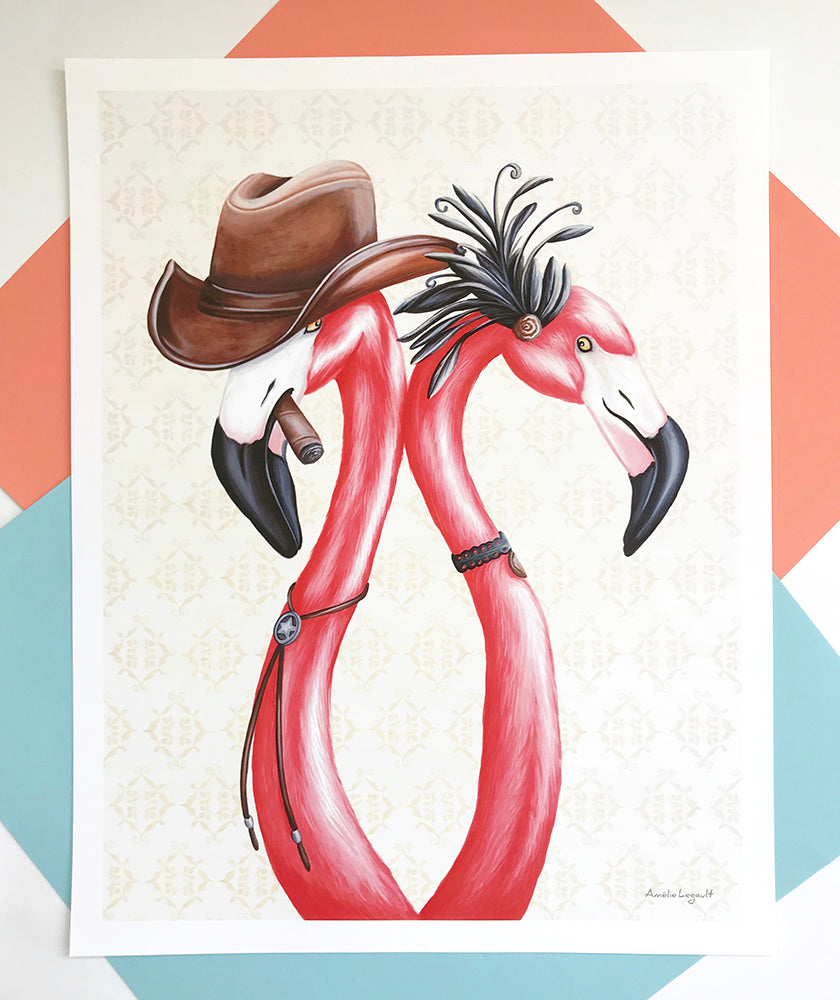 illustration de flamant rose, affiche de flamants roses, amelie legault, cowboy, cowgirl, saloon girl 