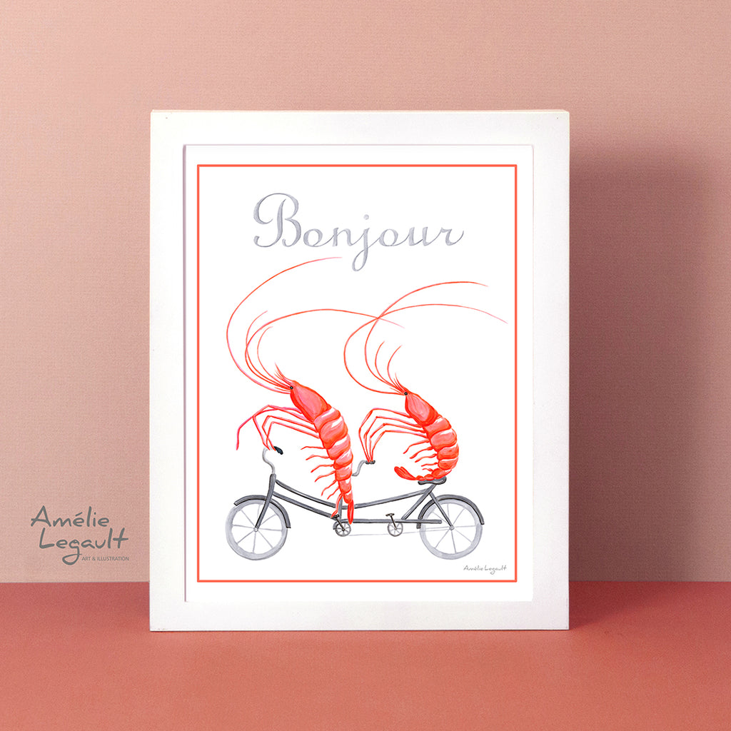 Shrimps on a tandem bicycle, art Print, shrimp Drawing, shrimp artwork, shrimp illustration, kitchen decor, kitchen art, amélie legault