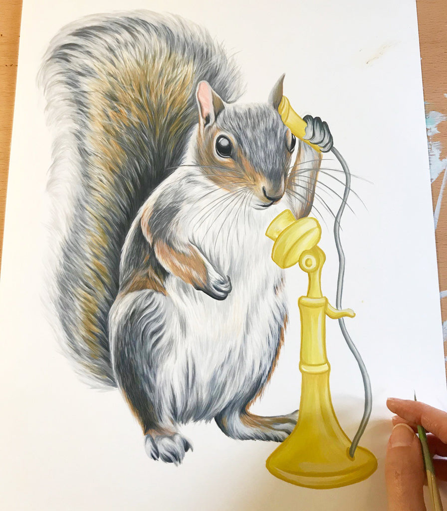 peinture d'écureuil, illustration d'écureuil, peinture à la gouache, amelie legault, artiste canadienne, artiste québécoise, animaux montréalais, téléphone antique