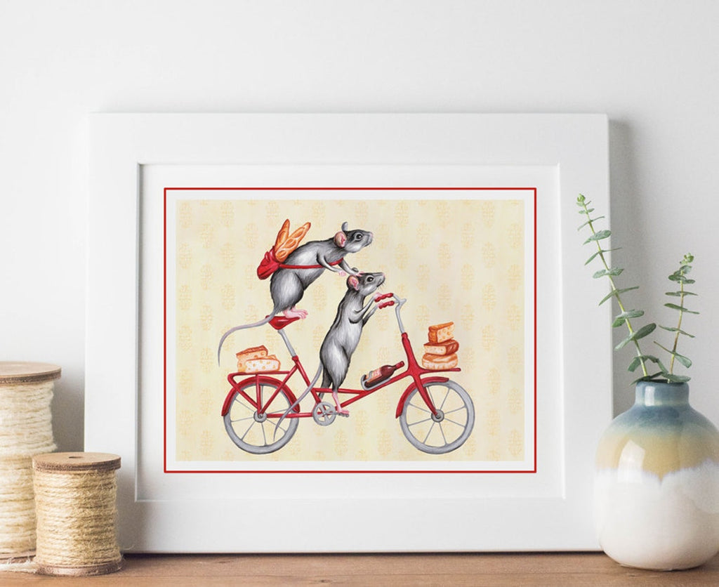souris à vélo, affiche de souris, illustration de souris, décoration de souris, vin et fromage, amélie legault, artiste québécoise, souris françaises, dessin de souris, décoration de souris