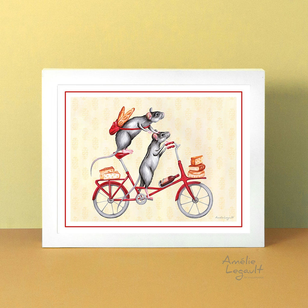 mice art print, mice art work, mice drawing, amelie legault, bicycle print, canadian animal, canadian artist, amelie legault, art print, mice on bike, french mice, mouse