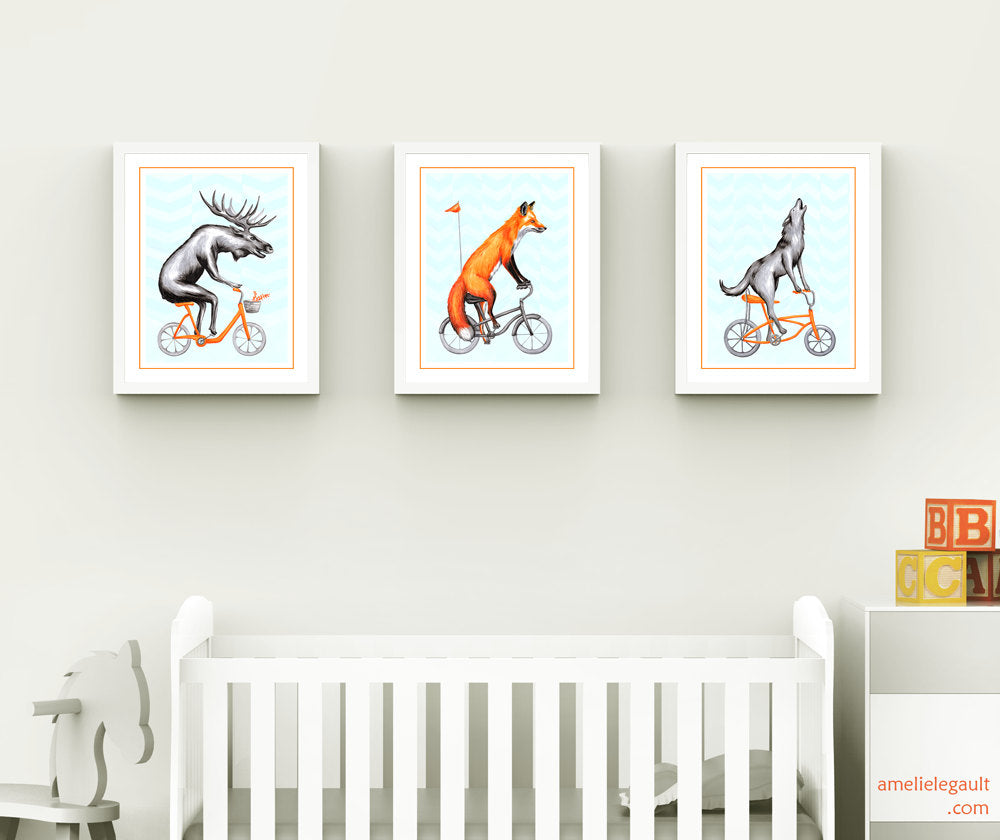 Moose, fox and wolfe on their bikes, art print set, nursery decor, amelie legault, forest animal art work, illustration, drawing 