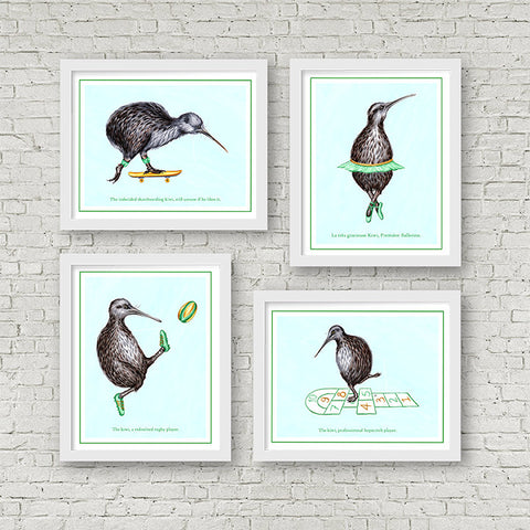 Ensemble d'affiches d'oiseaux kiwi, nouvelle-zélande, amélie legault, illustration de kiwi