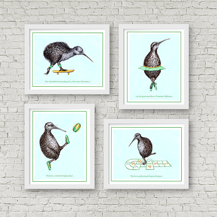 Ensemble d'affiches d'oiseaux kiwi, illustration de kiwi, oiseau, nouvelle-zélande, amélie legault, sport