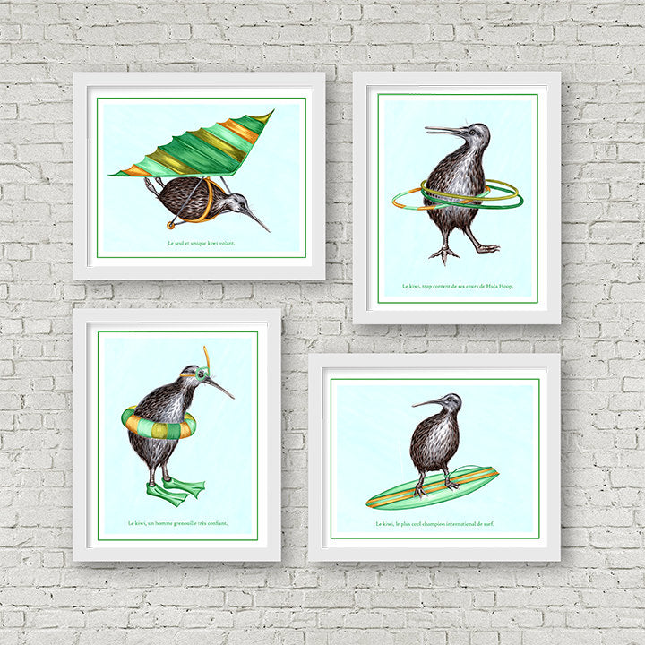 Ensemble d'affiches d'oiseaux kiwi, kiwi sportifs, amélie legault, illustration de kiwi, oiseau, nouvelle-zélande