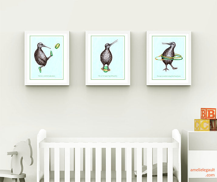 Kiwi bird prints set, amelie legault, nouvelle-zélande, sport, rugby, art print, kiwi illustration